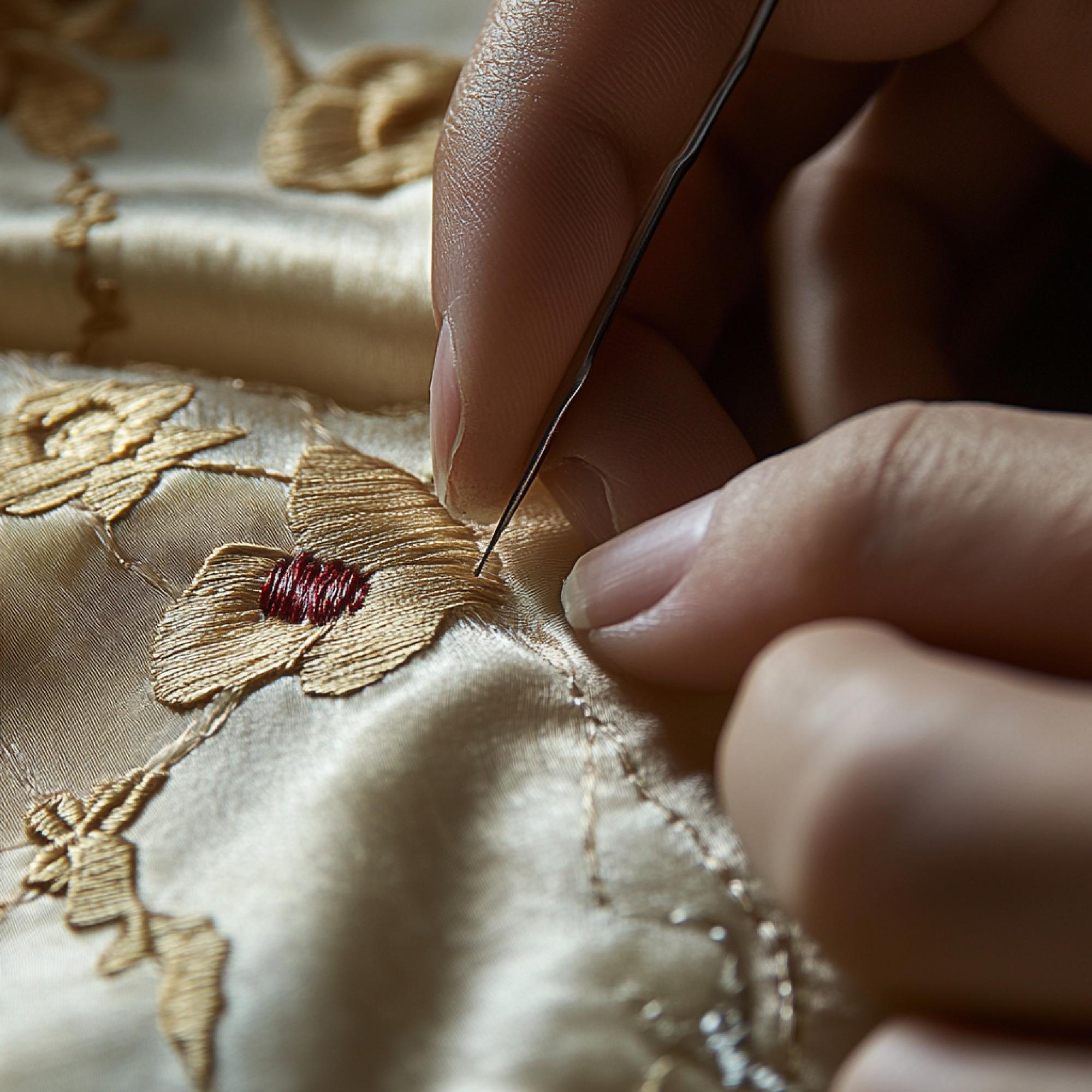 Close-up of hand doing goldwork embroidery on linen