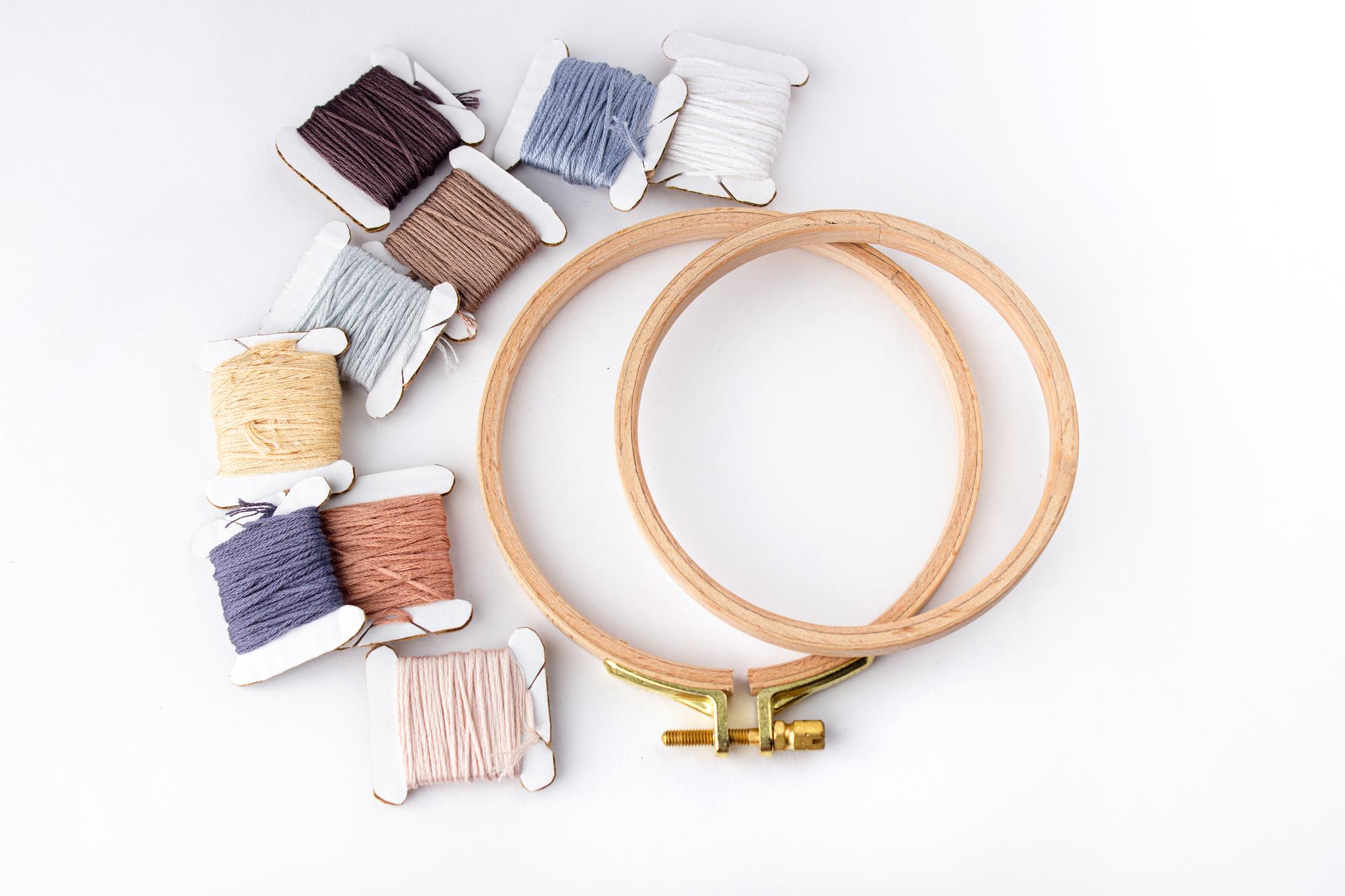 Selection of embroidery threads and hoops
